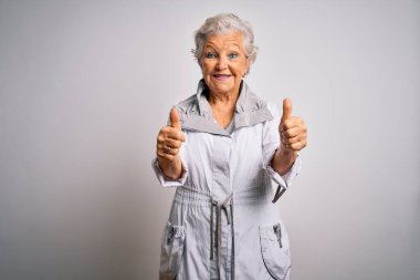 Son sınıf güzeli, gri saçlı, sıradan bir ceket giyen, beyaz arka plan üzerinde duran, elle olumlu jest yapan, gülümseyen ve başarı için mutlu bir kadın. Kazanan jest.