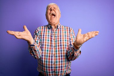 Üst düzey yakışıklı beyaz adam, izole edilmiş mor arka plan üzerine gündelik bir gömlek giyip kollarını kaldırmış ve gözleri kapalı heyecanla haykırarak başarının çılgınlığını kutluyor. Kazanan konsept