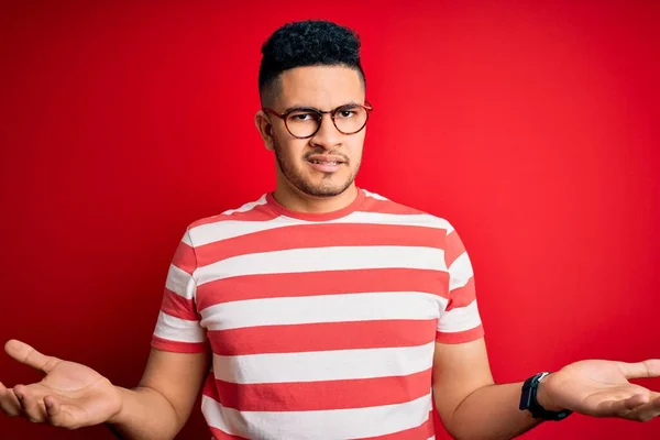 Young Handsome Man Wearing Casual Striped Shirt Glasses Isolated Red — Stock Photo, Image