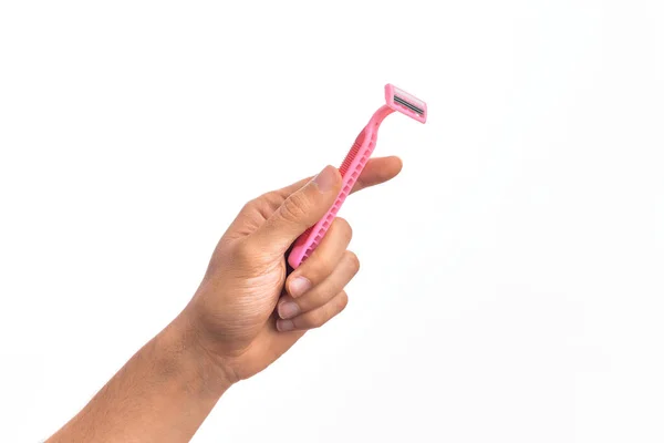 Mano Joven Caucásico Sosteniendo Rosa Afeitadora Disposible Sobre Fondo Blanco — Foto de Stock