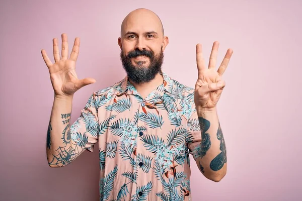 Handsome Bald Man Beard Tattoo Wearing Casual Floral Shirt Pink — Stock Photo, Image