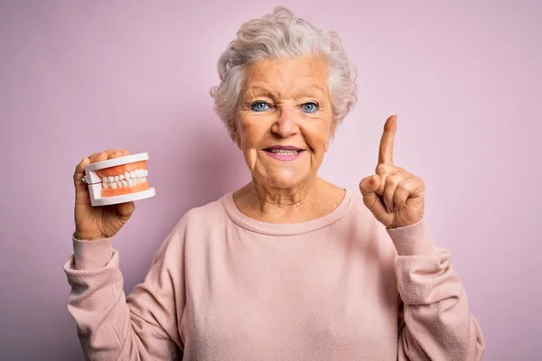 Senior Schöne Grauhaarige Frau Mit Kunststoff Prothese Zähne Über Rosa — Stockfoto