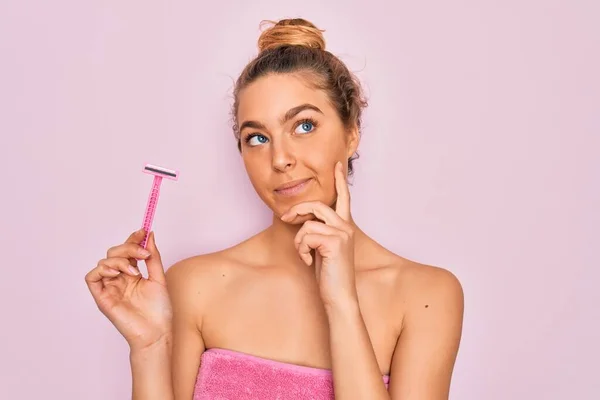 Beautiful Woman Blue Eyes Wearing Towel Shower Bath Holding Depilation — Stock Photo, Image