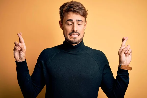 Young Handsome Man Beard Wearing Turtleneck Sweater Standing Yellow Background — Stock Photo, Image