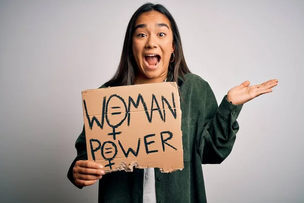 Beautiful Activist Asian Woman Asking Women Rights Holding Banner Power — Stock Photo, Image