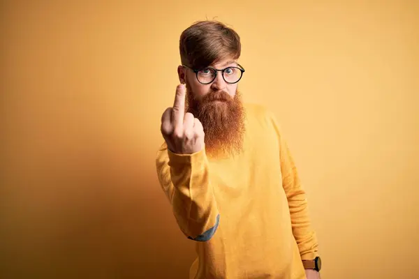 Handsome Irish Redhead Man Beard Wearing Glasses Yellow Isolated Background — Stok fotoğraf