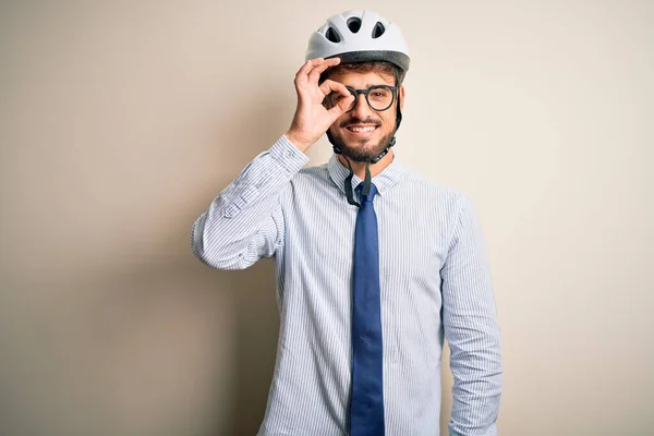 Jovem Empresário Usando Óculos Capacete Bicicleta Sobre Chão Padaria Branco — Fotografia de Stock