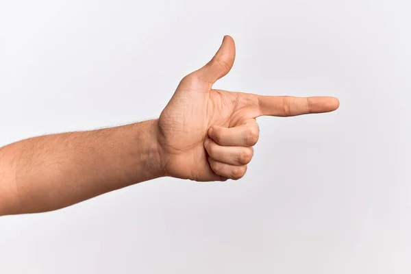 Hand Van Blanke Jongeman Met Vingers Geïsoleerde Witte Achtergrond Wijzend — Stockfoto