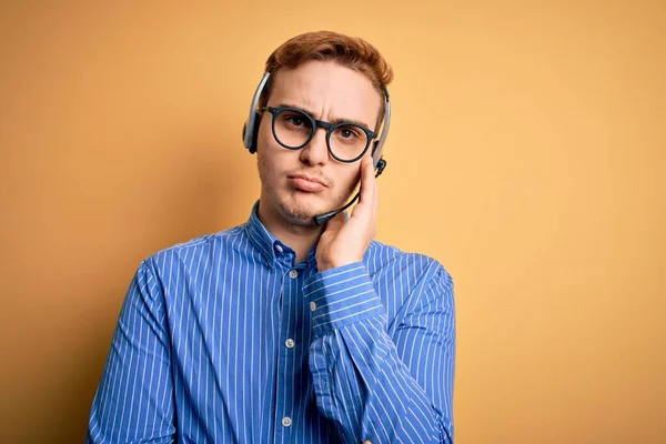 Young Handsome Redhead Call Center Agent Man Wearing Glasses Working — Stock Photo, Image