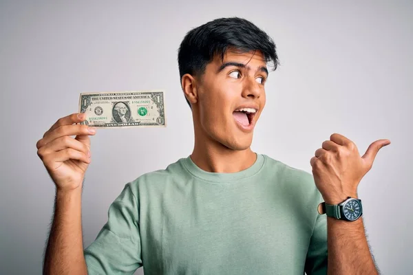 Junger Gutaussehender Mann Mit Einem Ein Dollar Schein Vor Isoliertem — Stockfoto