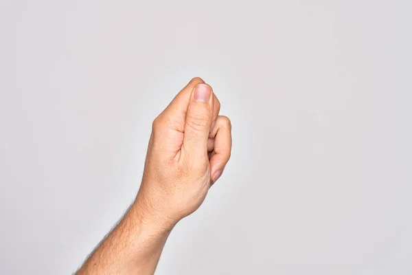 Hand Van Kaukasische Jongeman Met Vingers Geïsoleerde Witte Achtergrond Met — Stockfoto