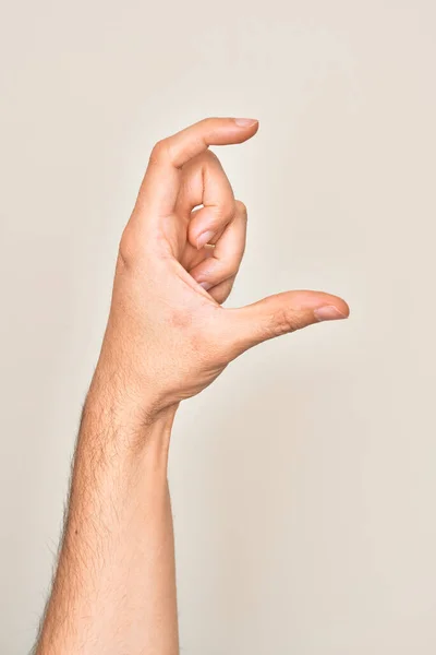 Mão Jovem Caucasiano Mostrando Dedos Sobre Fundo Branco Isolado Pegando — Fotografia de Stock