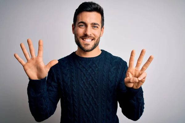 Young Handsome Man Beard Wearing Casual Sweater Standing White Background — Stock Photo, Image