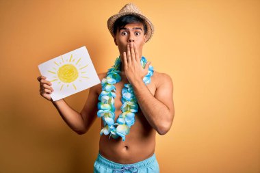 Tatilde mayo giyen bir turist ve elinde güneş pankartı olan Hawai çiçekleri. Ağzı güneşle kaplı bir pankart. Yanlışlıkla şok olmuş, korkunun ifadesi, sessizlikten korkmak, gizli bir kavram.
