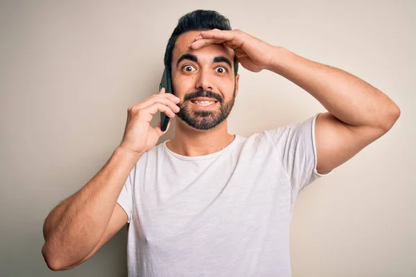 Young Handsome Man Beard Having Conversation Talking Smartphone Stressed Hand — Stock Photo, Image