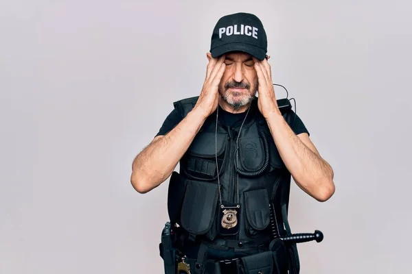 Middle Age Policeman Wearing Police Uniform Bulletproof Vest White Background — Stock Photo, Image