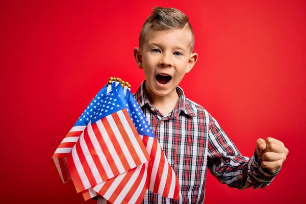 Young Little American Patriotic Caucasian Kid Holding Flag Usa Red — Stock Photo, Image