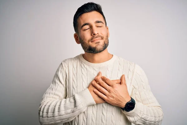 Homem Bonito Jovem Vestindo Camisola Casual Sobre Fundo Branco Isolado — Fotografia de Stock