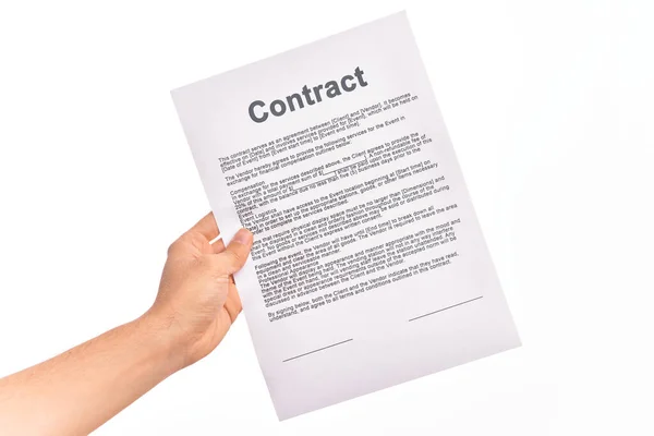 Holding Business Contract Paper Isolated White Background — Stock Photo, Image