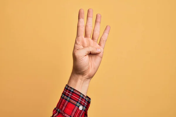 Hand Caucasian Young Man Showing Fingers Isolated Yellow Background Counting — Stock Photo, Image