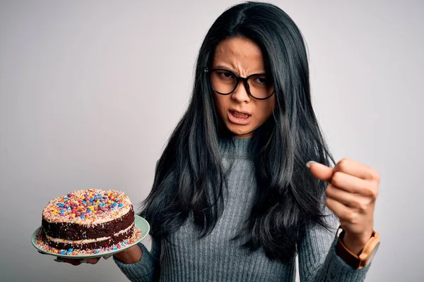 Young Beautiful Chinese Woman Holding Birthday Cake Standing Isolated White — Stock Photo, Image