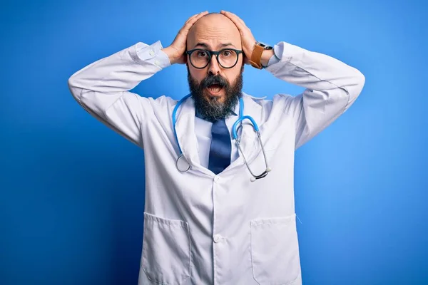 Handsome Bald Doctor Man Beard Wearing Glasses Stethoscope Blue Background — Stock Photo, Image