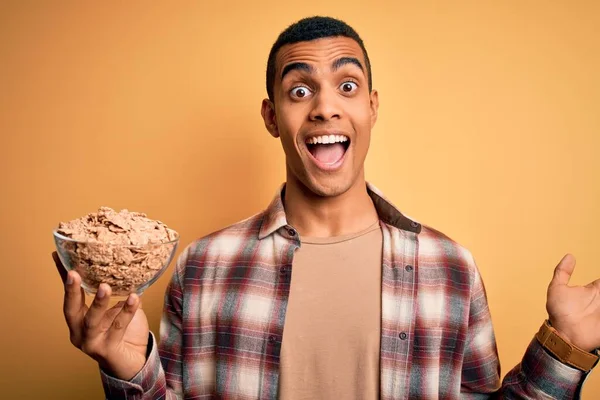 Young Handsome African American Man Holding Bowl Healthy Cornflakes Cereals — Stock Photo, Image