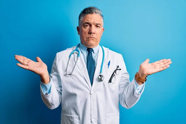 Middle Age Handsome Grey Haired Doctor Man Wearing Coat Blue — Stock Photo, Image