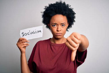 Young African American afro politician woman with curly hair socialist party member with angry face, negative sign showing dislike with thumbs down, rejection concept clipart