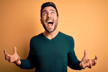 Sakallı genç yakışıklı adam sarı arka planda dikilmiş deli deli deli bağırıyor ve agresif bir ifade ve kollar havada bağırıyor. Hayal kırıklığı konsepti.