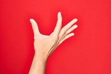 Kafkasyalı genç adam parmaklarını izole edilmiş kırmızı arka plan üzerinde gösteriyor ve görünmez şeyi alıyor, parmakları boşluk gösteren nesneleri tutuyor.