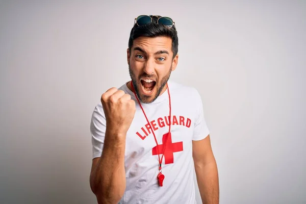 Young Handsome Lifeguard Man Beard Wearing Shirt Red Cross Whistle — Stock Photo, Image