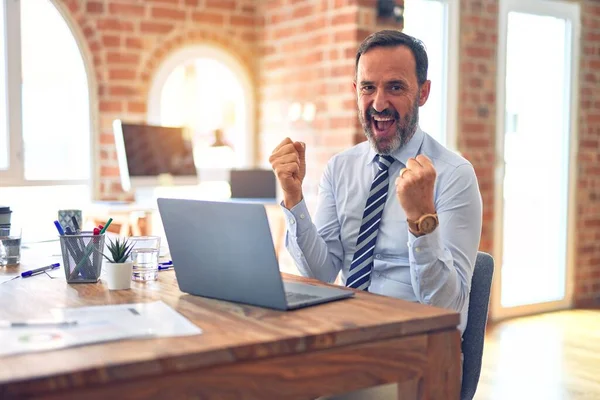 Hombre Negocios Guapo Mediana Edad Con Corbata Sentado Usando Ordenador —  Fotos de Stock