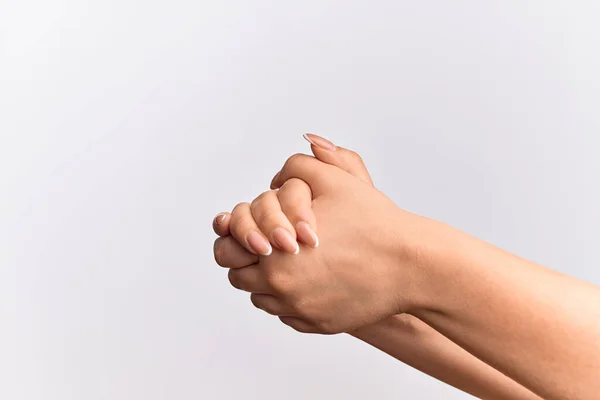 Mão Jovem Caucasiana Ambos Cruzados Juntos Mostrando Força Confiança — Fotografia de Stock
