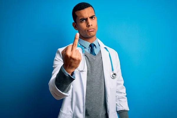 Handsome African American Doctor Man Wearing Coat Stethoscope Blue Background — Φωτογραφία Αρχείου