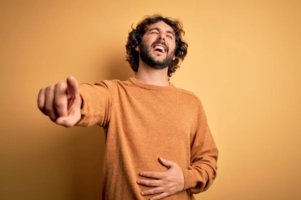 Young Handsome Man Beard Wearing Casual Sweater Standing Yellow Background — Stock Photo, Image