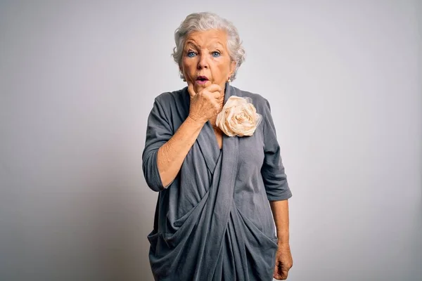 Senior Beautiful Grey Haired Woman Wearing Casual Dress Standing White — Stock Photo, Image