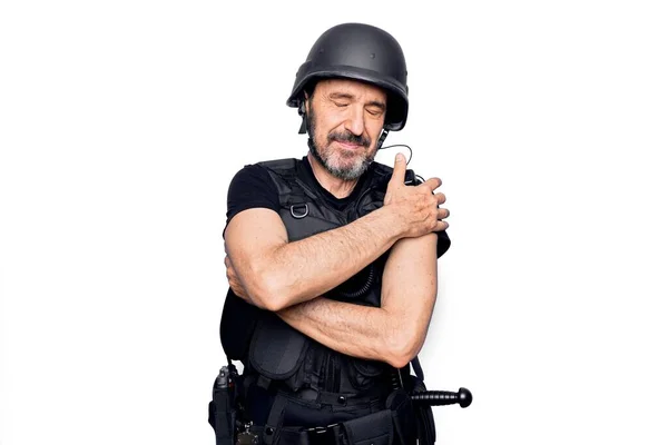 Middle Age Handsome Policeman Wearing Police Bulletproof Vest Security Helmet — Stock Photo, Image