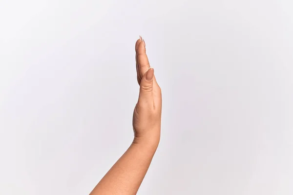 Mão Jovem Caucasiana Mostrando Lado Mão Esticada Empurrando Fazendo Gesto — Fotografia de Stock