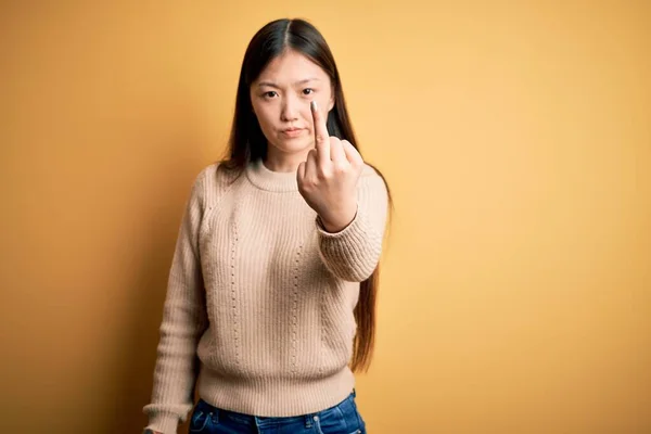 Young Beautiful Asian Woman Wearing Casual Sweater Yellow Isolated Background — 图库照片