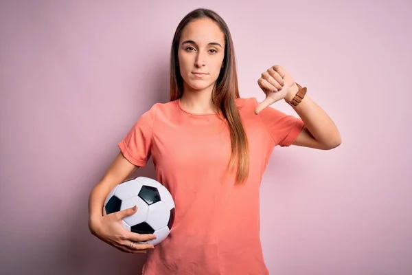 Young Beautiful Player Woman Playing Soccer Holding Football Ball Pink — Stock Photo, Image