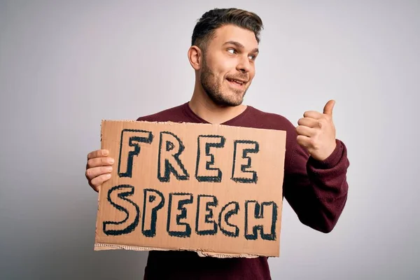 Young Man Blue Eyes Holding Banner Protest Free Speech Asking — Stock Photo, Image