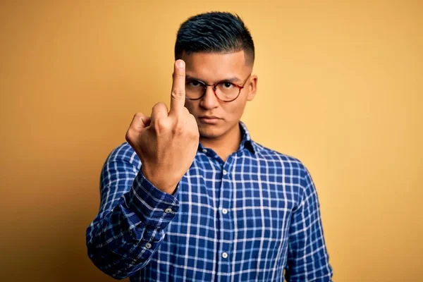 Young Handsome Latin Man Wearing Casual Shirt Glasses Yellow Background — Φωτογραφία Αρχείου