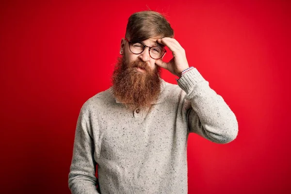 Handsome Irish Redhead Man Beard Wearing Casual Sweater Glasses Red — Stock Photo, Image