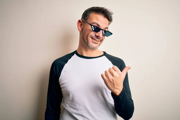 Young Handsome Man Wearing Funny Thug Life Sunglasses Meme White — Stock Photo, Image