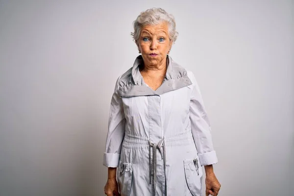 Senior Beautiful Grey Haired Woman Wearing Casual Jacket Standing White — Stock Photo, Image