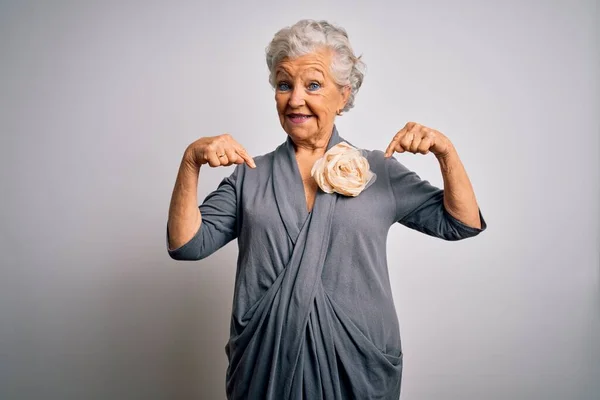 Senior Hermosa Mujer Pelo Gris Con Vestido Casual Pie Sobre —  Fotos de Stock