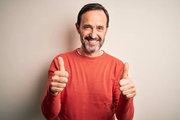 Middle Age Hoary Man Wearing Casual Orange Sweater Standing Isolated — Stock Photo, Image