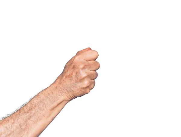 Hand Van Blanke Middelbare Leeftijd Man Geïsoleerde Witte Achtergrond Met — Stockfoto