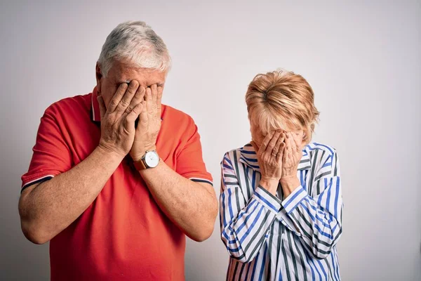 Senior Beautiful Couple Standing Together Isolated White Background Sad Expression — Stock Photo, Image